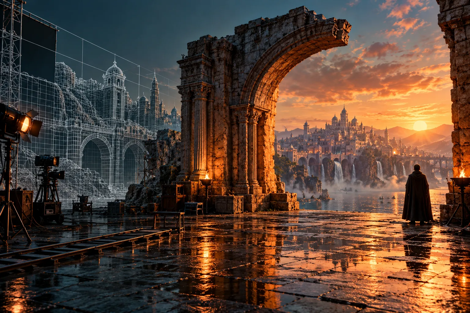 A conceptual film environment combining wireframe construction with a finished sunset scene