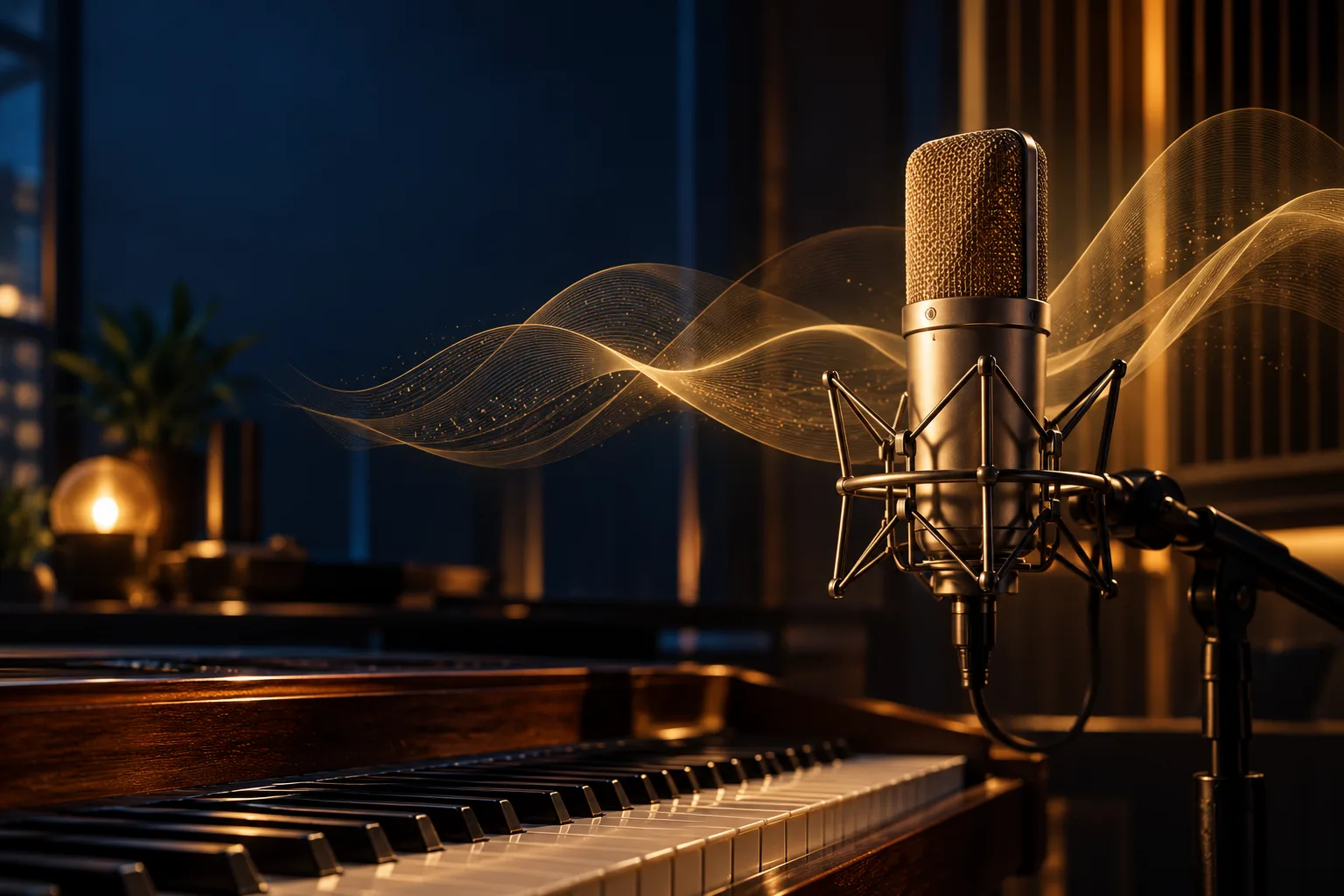Studio microphone and piano keys surrounded by an illustrative golden sound wave