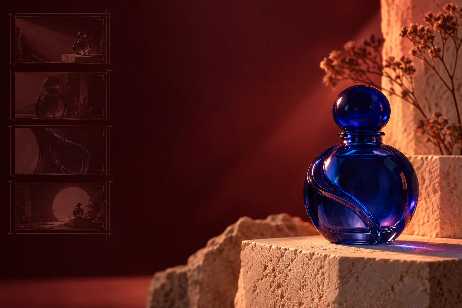 Cobalt blue concept bottle on a stone plinth with warm studio lighting and storyboard frames